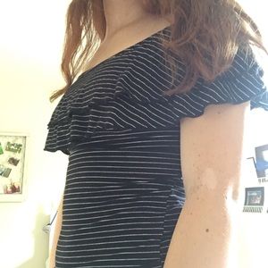 HOLLISTER Off the Shoulder Striped Navy Blue Top